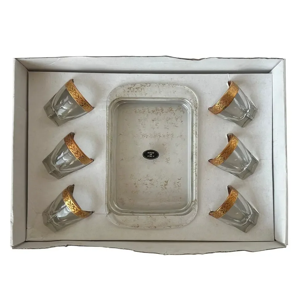 Lorren Home Trends Lorenzo Gold Band Shot Glass Set 6 with Tray Made in Italy